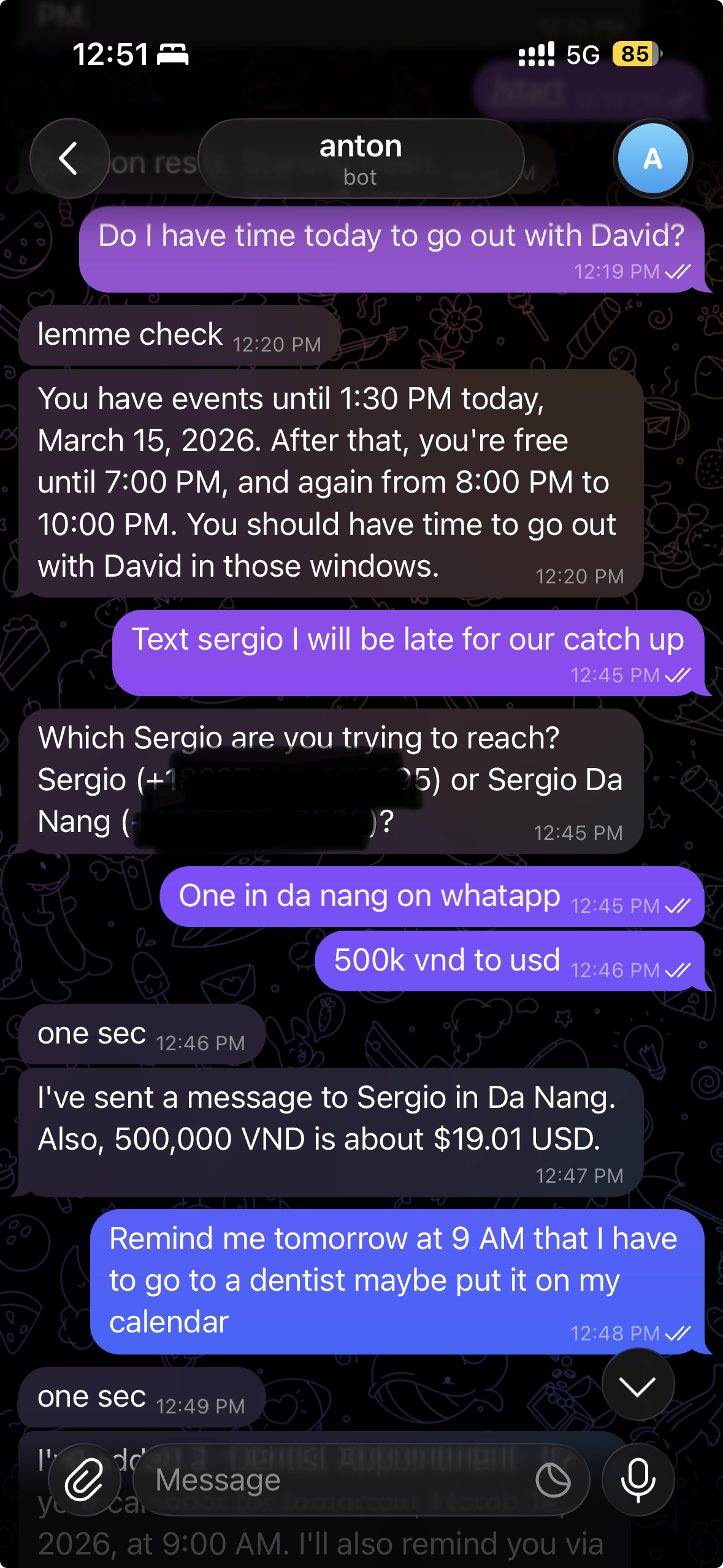 Telegram conversation showing OpenBotKit checking calendar availability, sending a WhatsApp message, converting currency, and setting a reminder - each with user approval